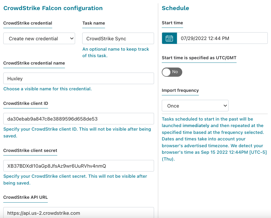 Demo screenshot of creating credentials