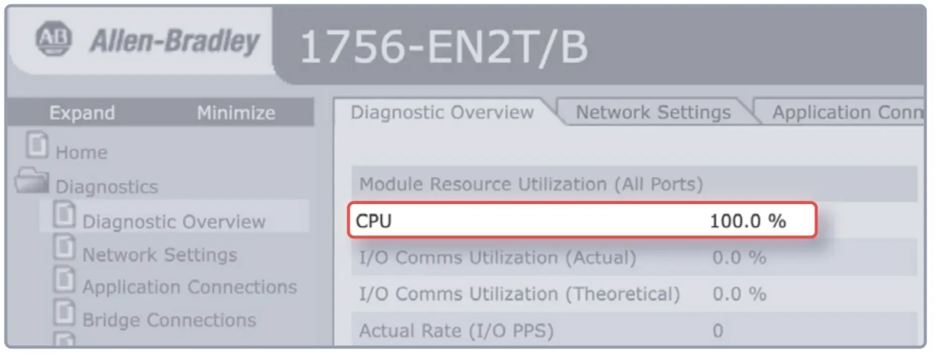 An Allen-Bradley industrial PLC indicating 100% CPU utilization due to the device receiving a high rate of packets from an active scan NOT conducted by runZero.