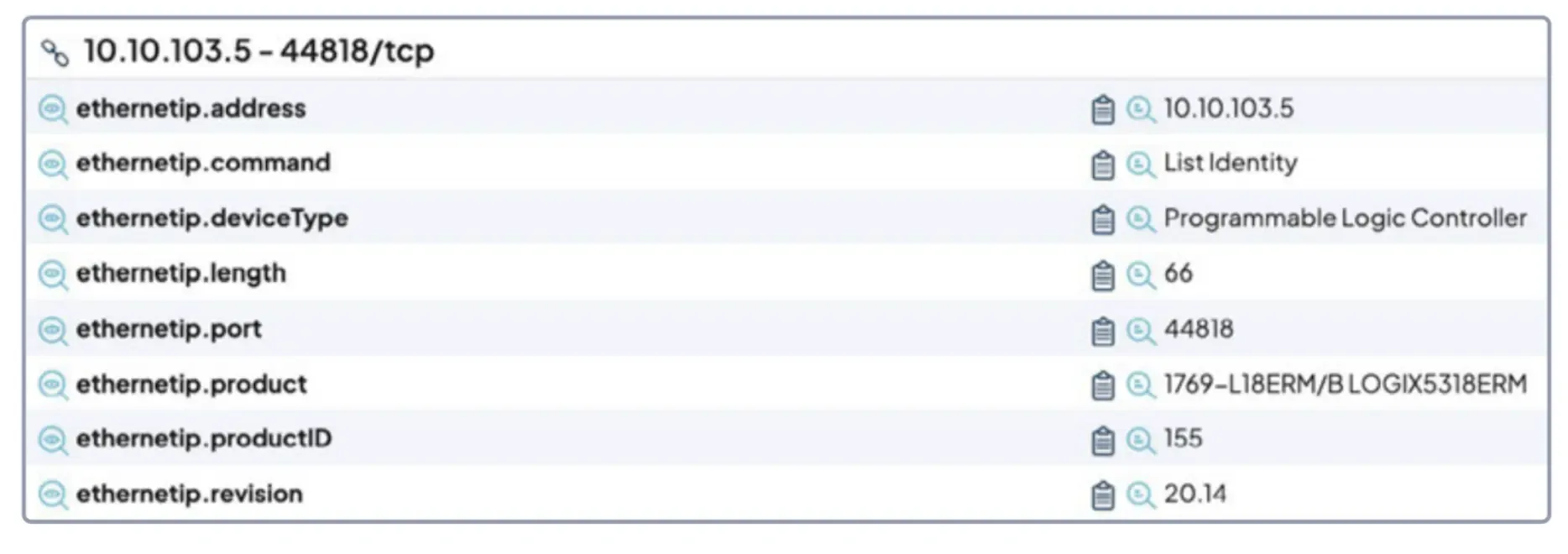 A partial screenshot of an OT device detected by a runZero active scan.