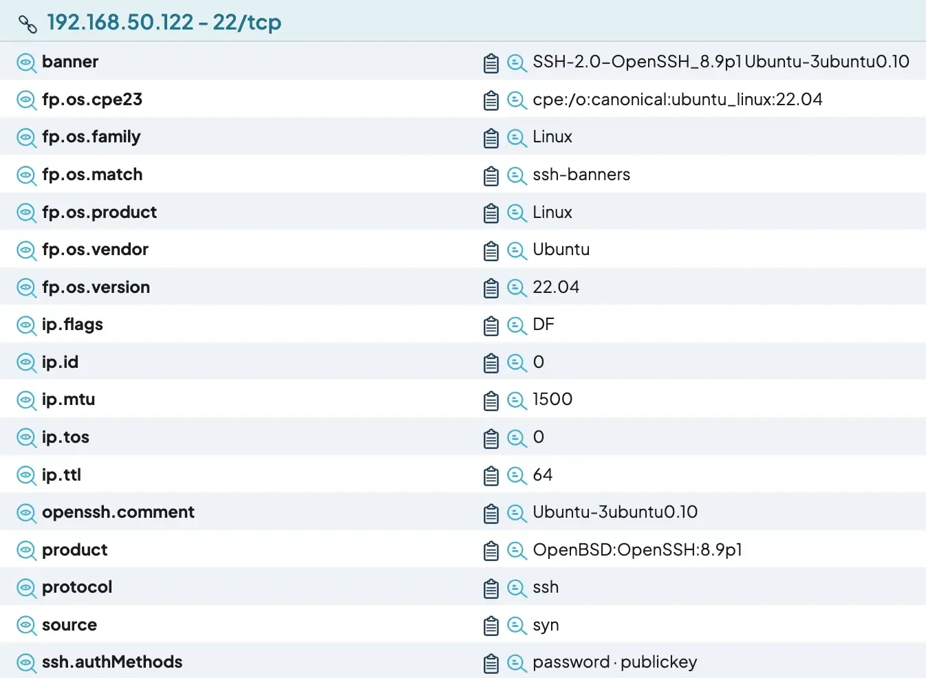 A partial screenshot of runZero showing the results of an SSH scan.