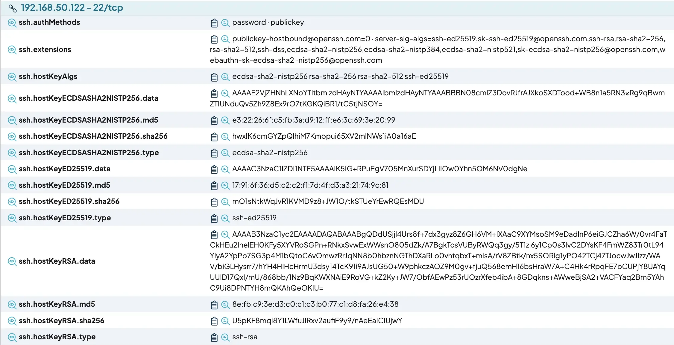 A partial screenshot of runZero showing the SSH key information collected.